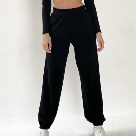 Black High-Waisted Track Pants with Elastic Waistband - Picture 1 of 5